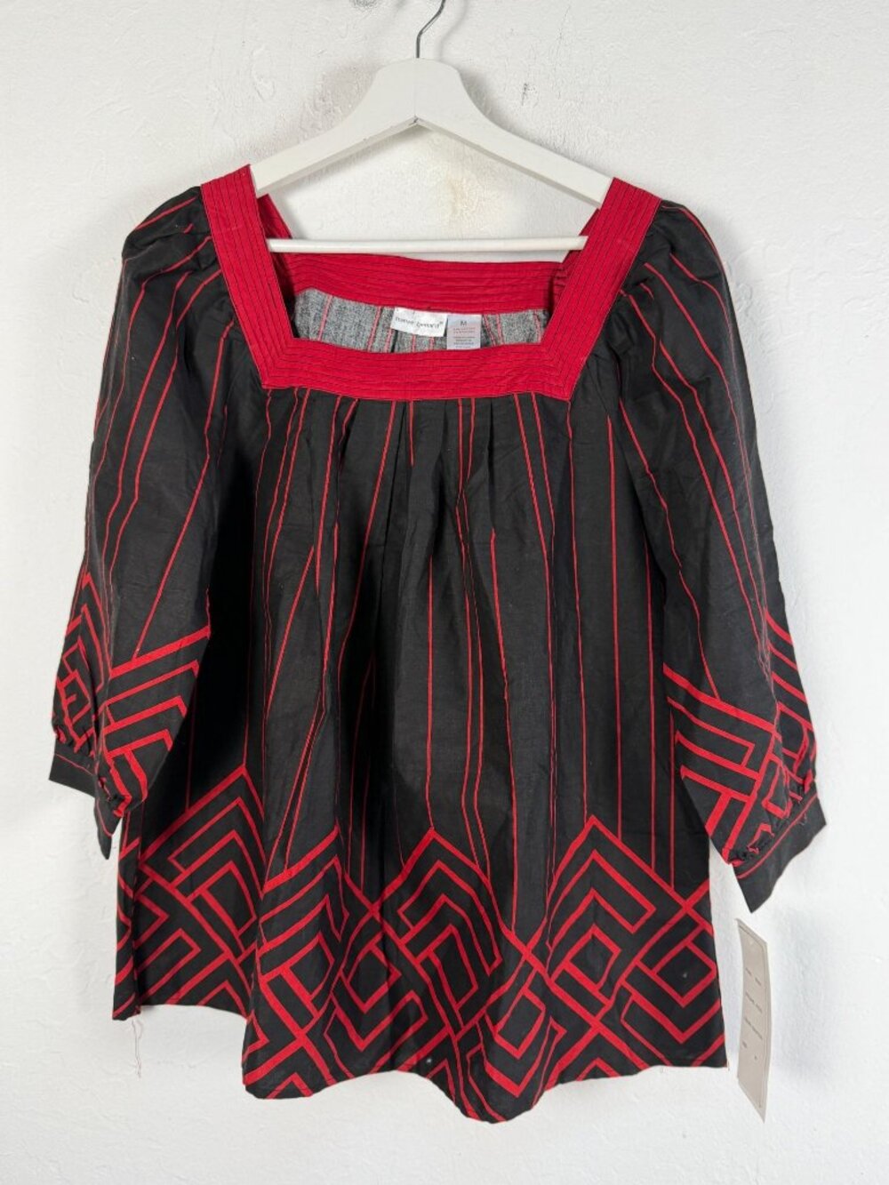 Harvé Benard Womens Black Red Geometric Print Square Neck Tunic Top Medium New
